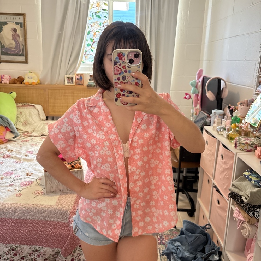 Pink and White Button Down Shirt with Notched Collar